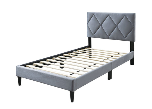 Full Size Bed w Adjustable Headboard 1pc Bedframe, Grey Velvet Upholstered Youth Bedroom Furniture image 1