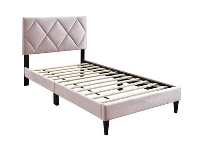 Full Size Bed w Adjustable Headboard 1pc Bedframe, Light Pink Velvet Upholstered Youth Bedroom Furniture image 8