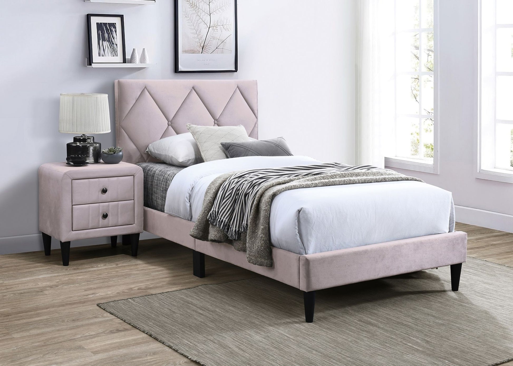 Full Size Bed w Adjustable Headboard 1pc Bedframe, Light Pink Velvet Upholstered Youth Bedroom Furniture image 4