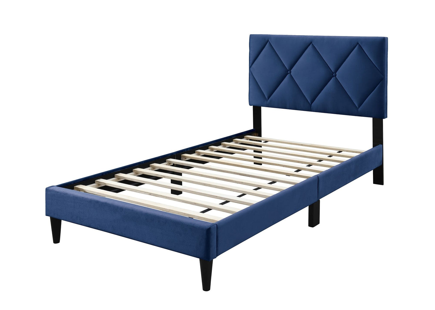 Full Size Bed w Adjustable Headboard 1pc Bedframe, Navy Blue Velvet Upholstered Youth Bedroom Furniture image 5