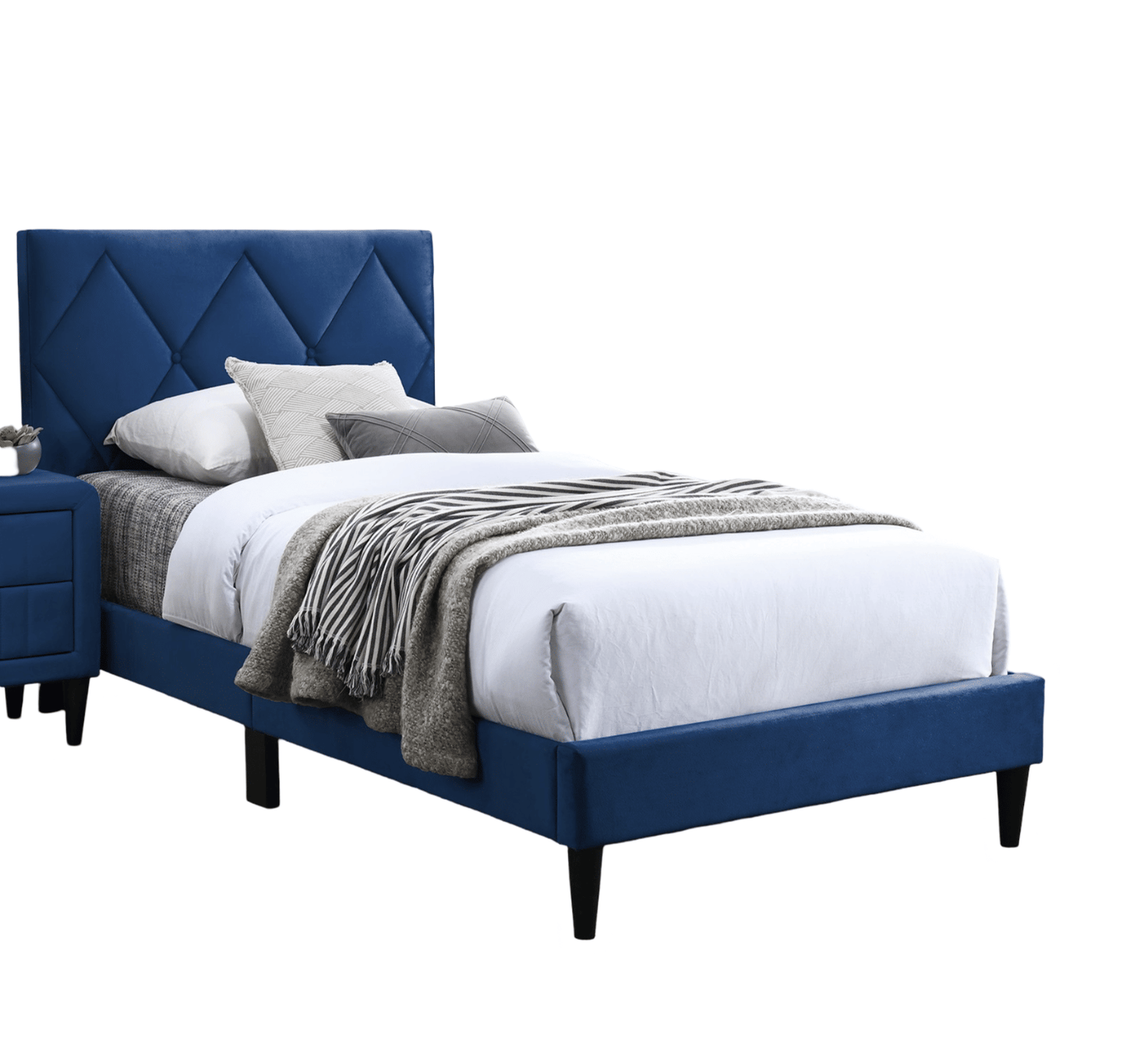 Full Size Bed w Adjustable Headboard 1pc Bedframe, Navy Blue Velvet Upholstered Youth Bedroom Furniture image 4
