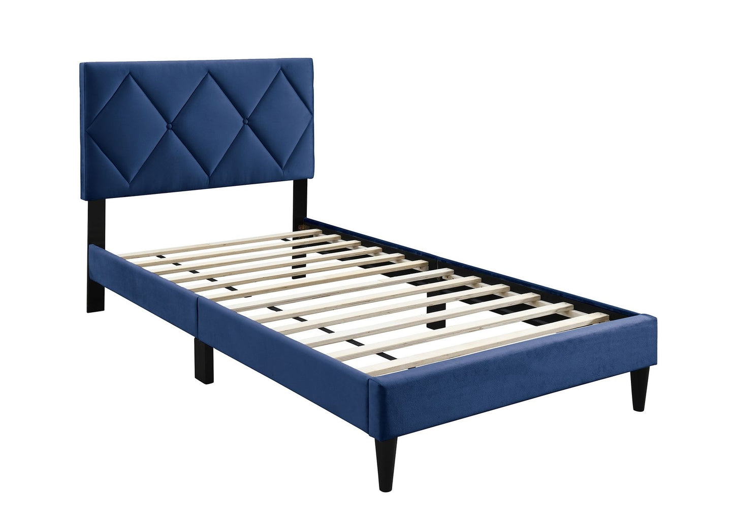 Full Size Bed w Adjustable Headboard 1pc Bedframe, Navy Blue Velvet Upholstered Youth Bedroom Furniture image 2