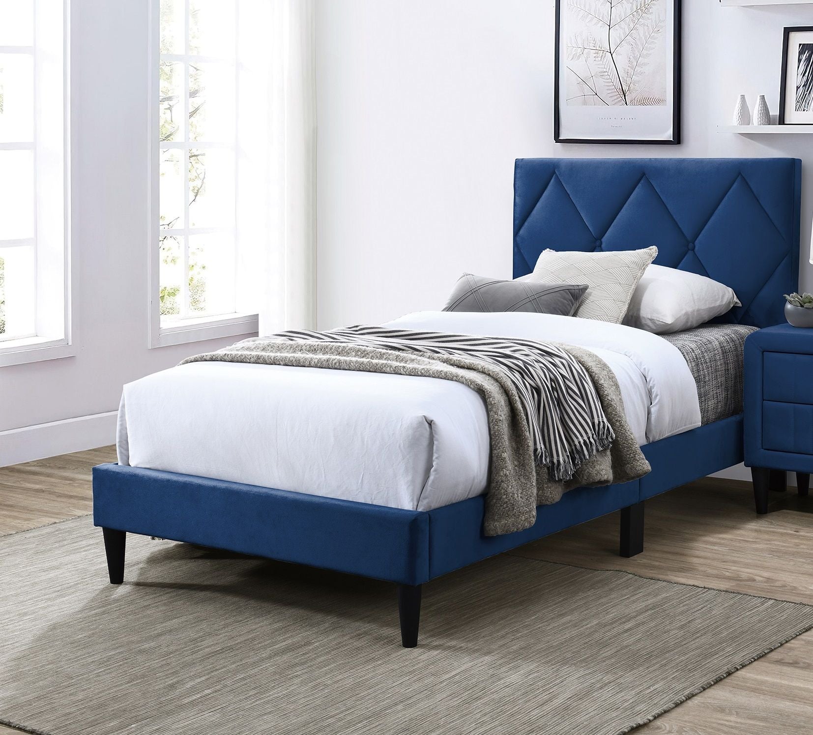 Full Size Bed w Adjustable Headboard 1pc Bedframe, Navy Blue Velvet Upholstered Youth Bedroom Furniture image 7