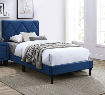 Full Size Bed w Adjustable Headboard 1pc Bedframe, Navy Blue Velvet Upholstered Youth Bedroom Furniture image 1
