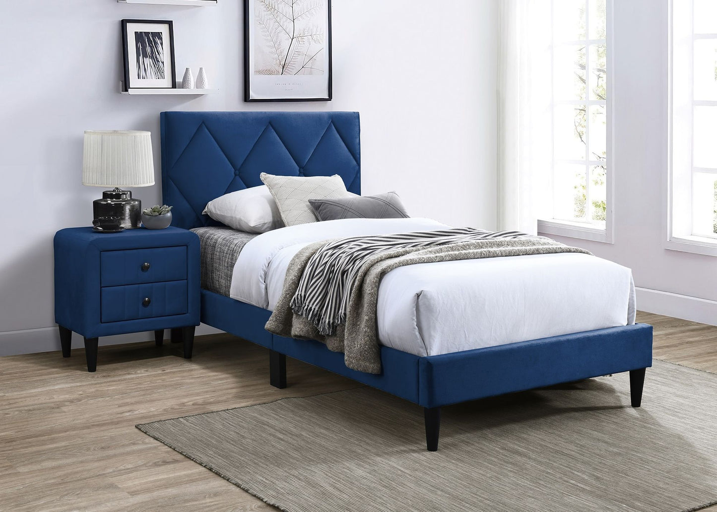 Full Size Bed w Adjustable Headboard 1pc Bedframe, Navy Blue Velvet Upholstered Youth Bedroom Furniture image 6