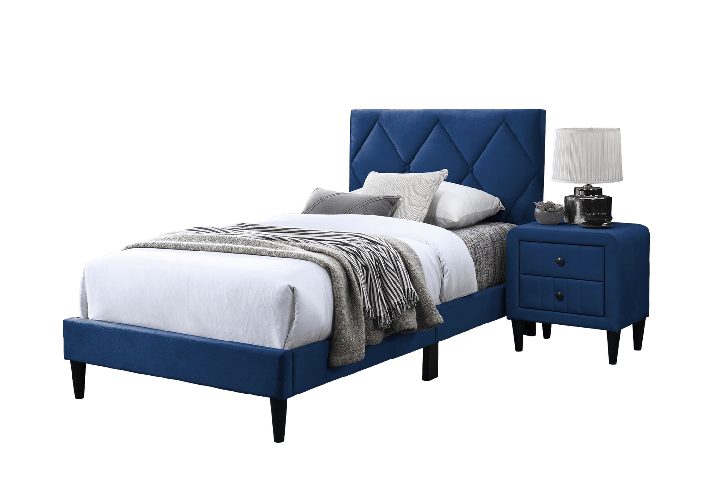 Full Size Bed w Adjustable Headboard 1pc Bedframe, Navy Blue Velvet Upholstered Youth Bedroom Furniture image 3