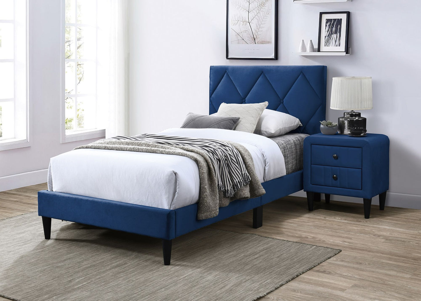 Full Size Bed w Adjustable Headboard 1pc Bedframe, Navy Blue Velvet Upholstered Youth Bedroom Furniture image 8