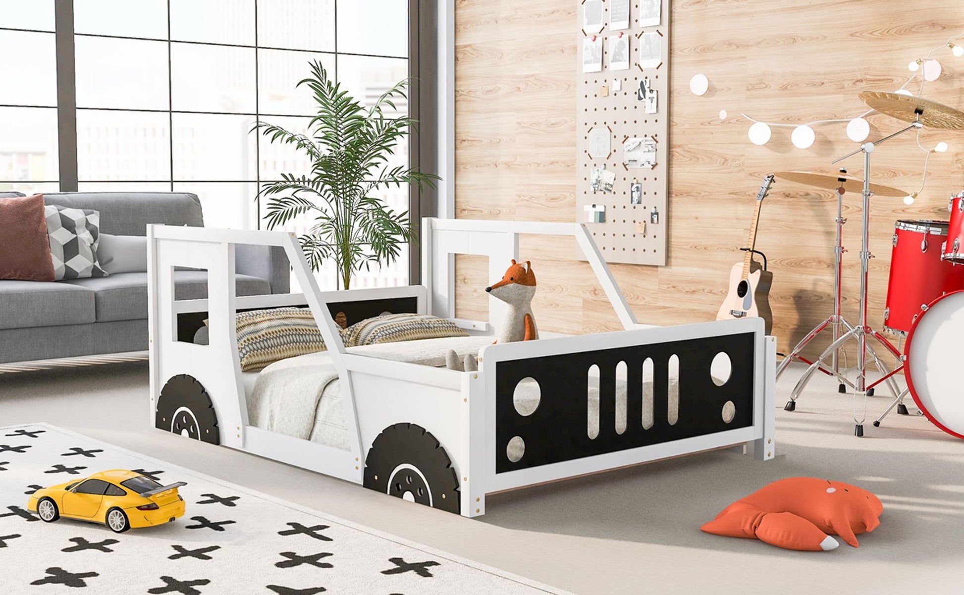Full Size Classic Car-Shaped Platform Bed with Wheels White - Detail of Decorative Wheels