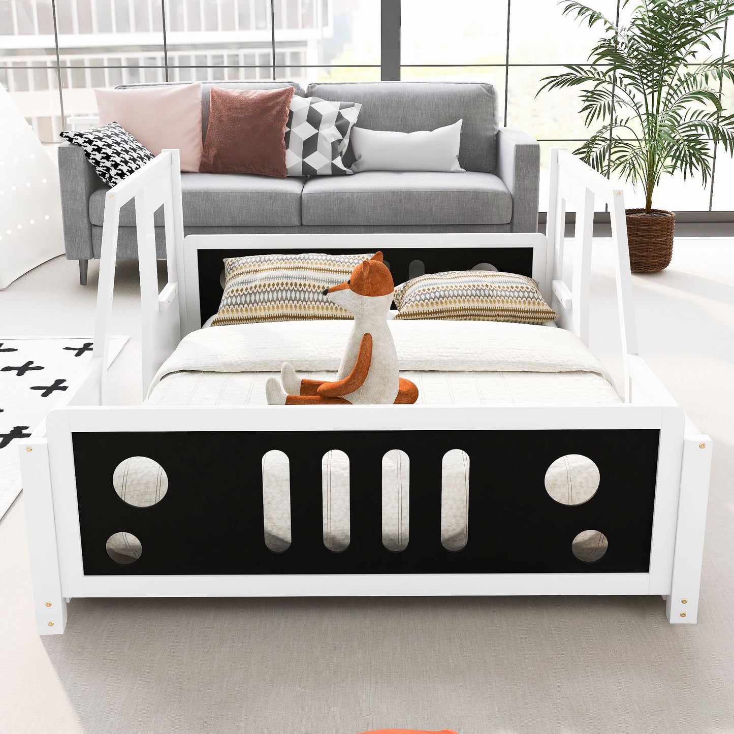 Full Size Classic Car-Shaped Platform Bed with Wheels White - Angle View