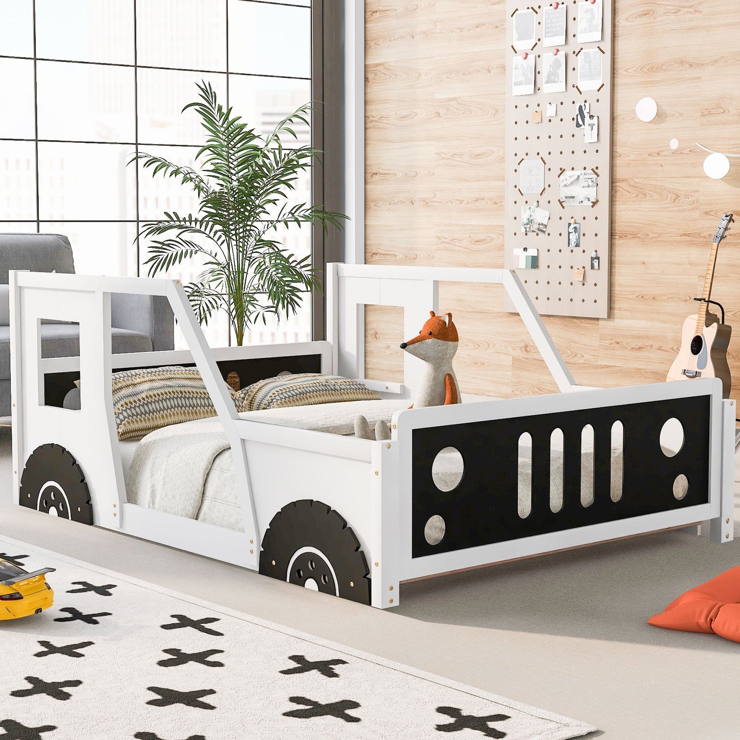 Full Size Classic Car-Shaped Platform Bed with Wheels White - Side View with Doors and Windows
