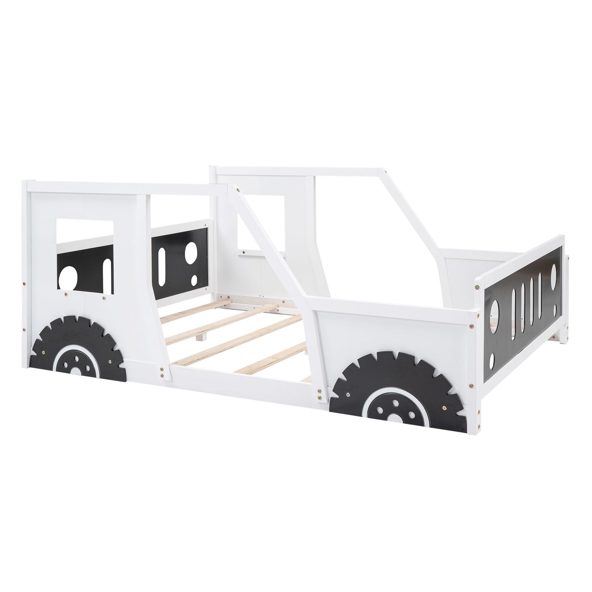 Full Size Classic Car-Shaped Platform Bed with Wheels White - Slatted Support