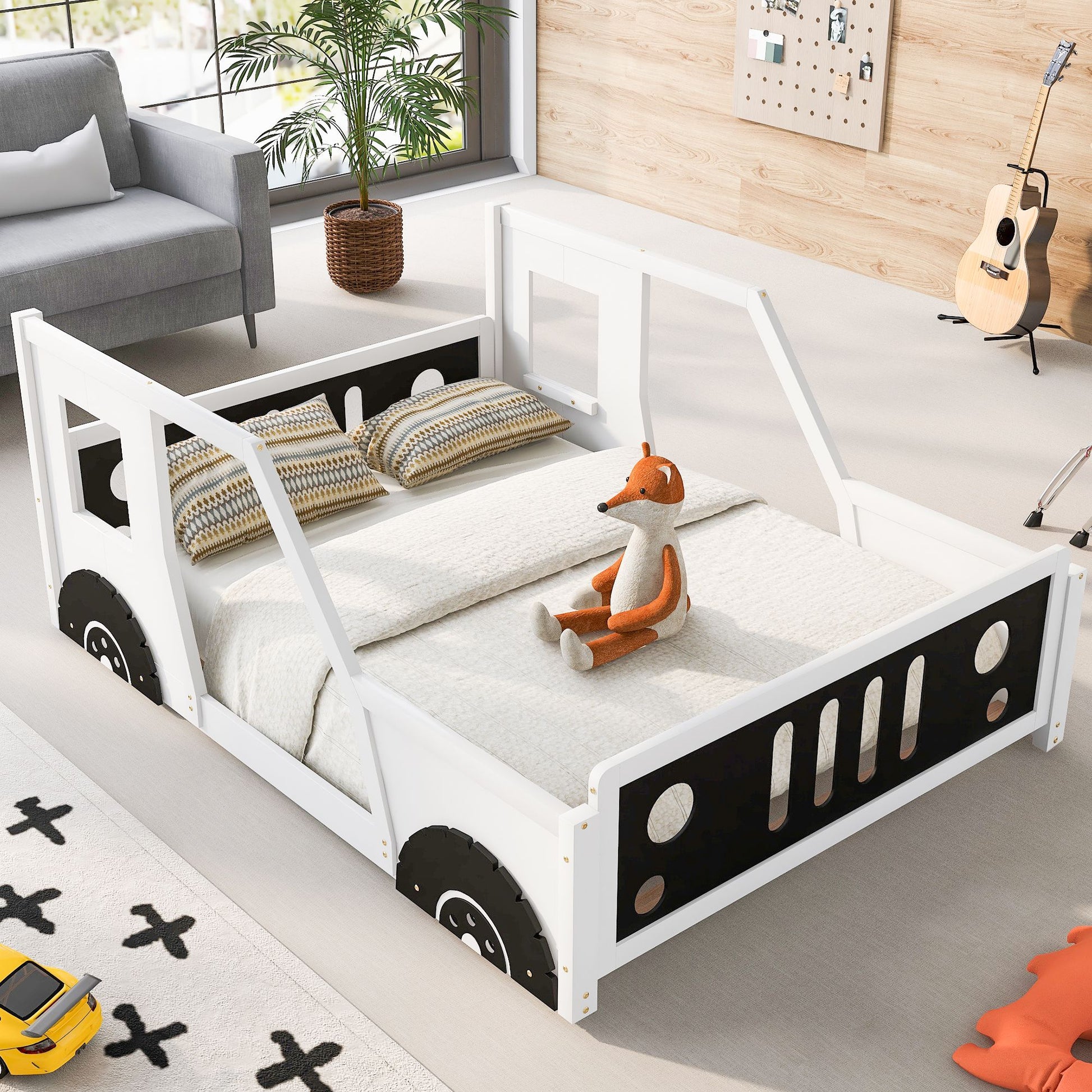 Full Size Classic Car-Shaped Platform Bed with Wheels White - Front View