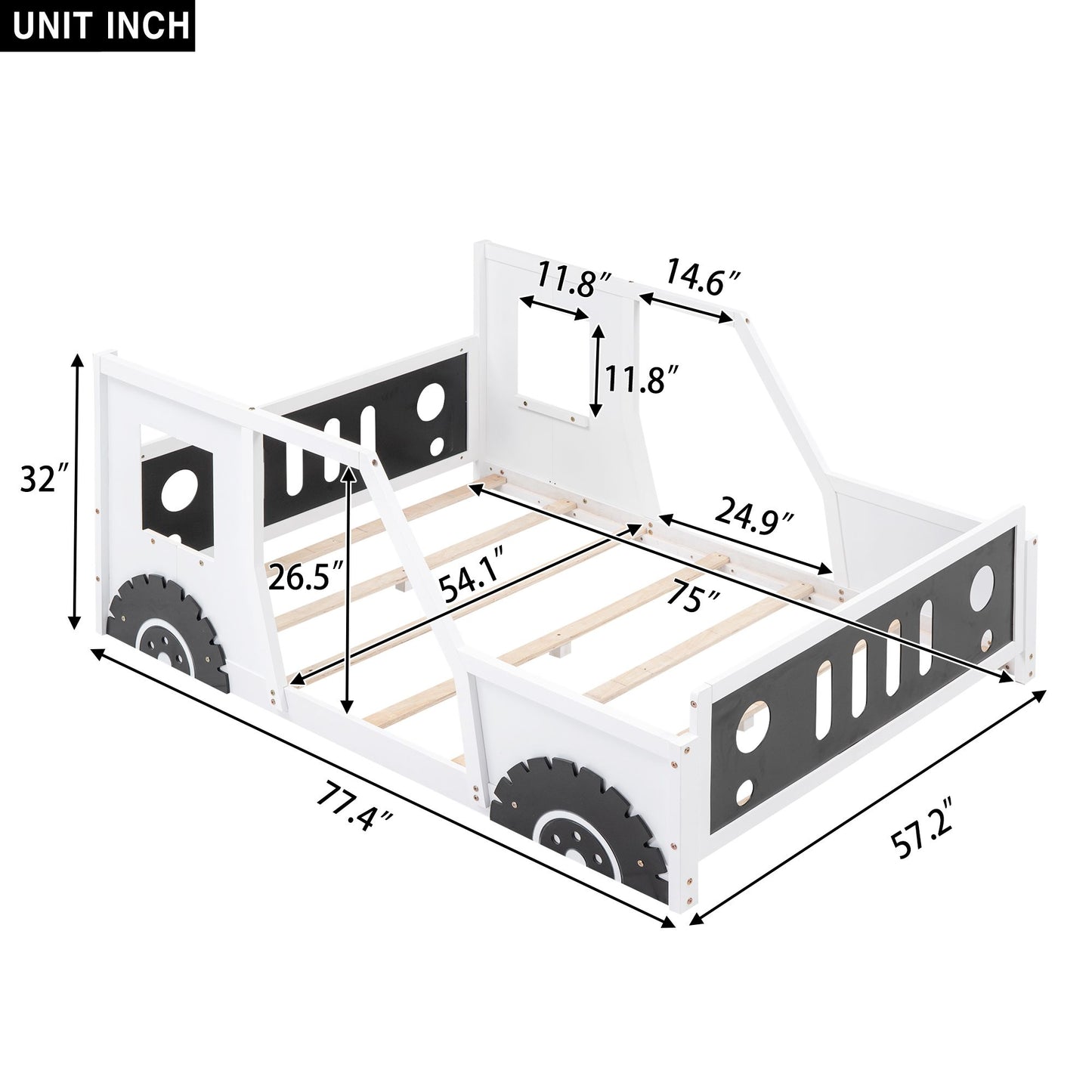 Full Size Classic Car-Shaped Platform Bed with Wheels White - Footboard Detail