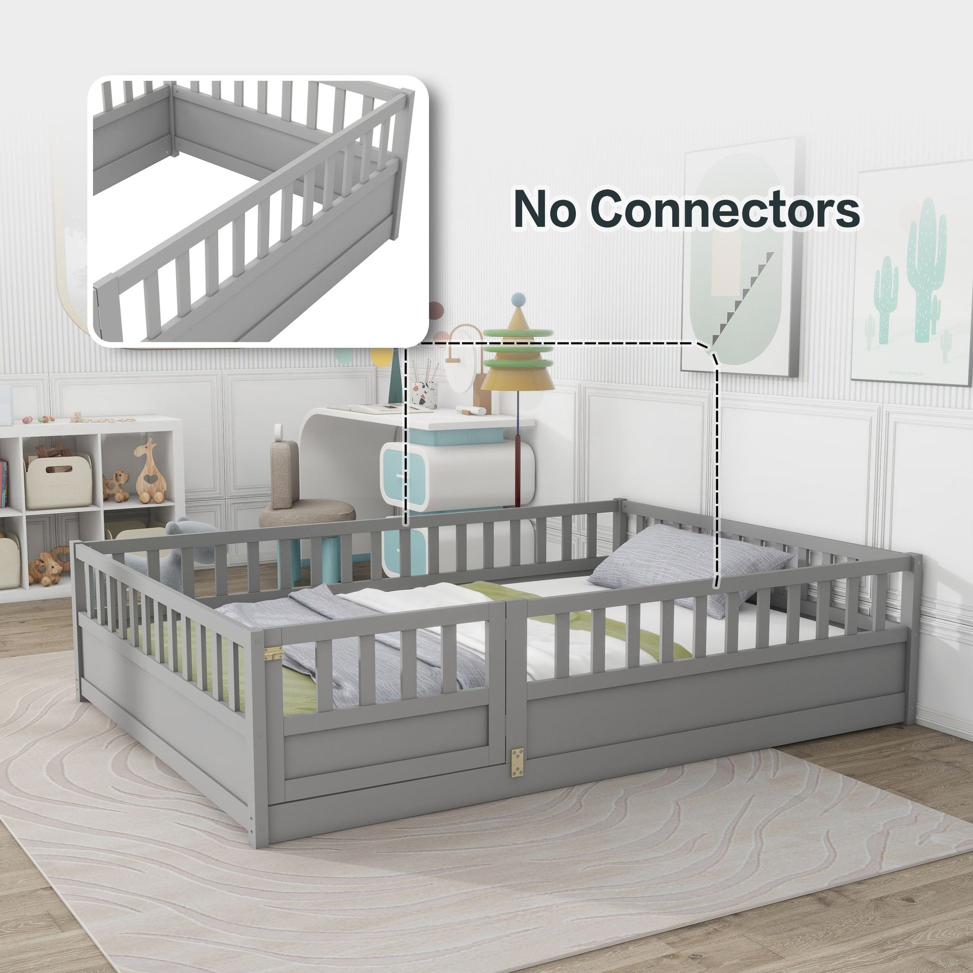 Full size Floor bed, integral construction with super high security barrier, door, children's floor bed frame, Montessor image 4