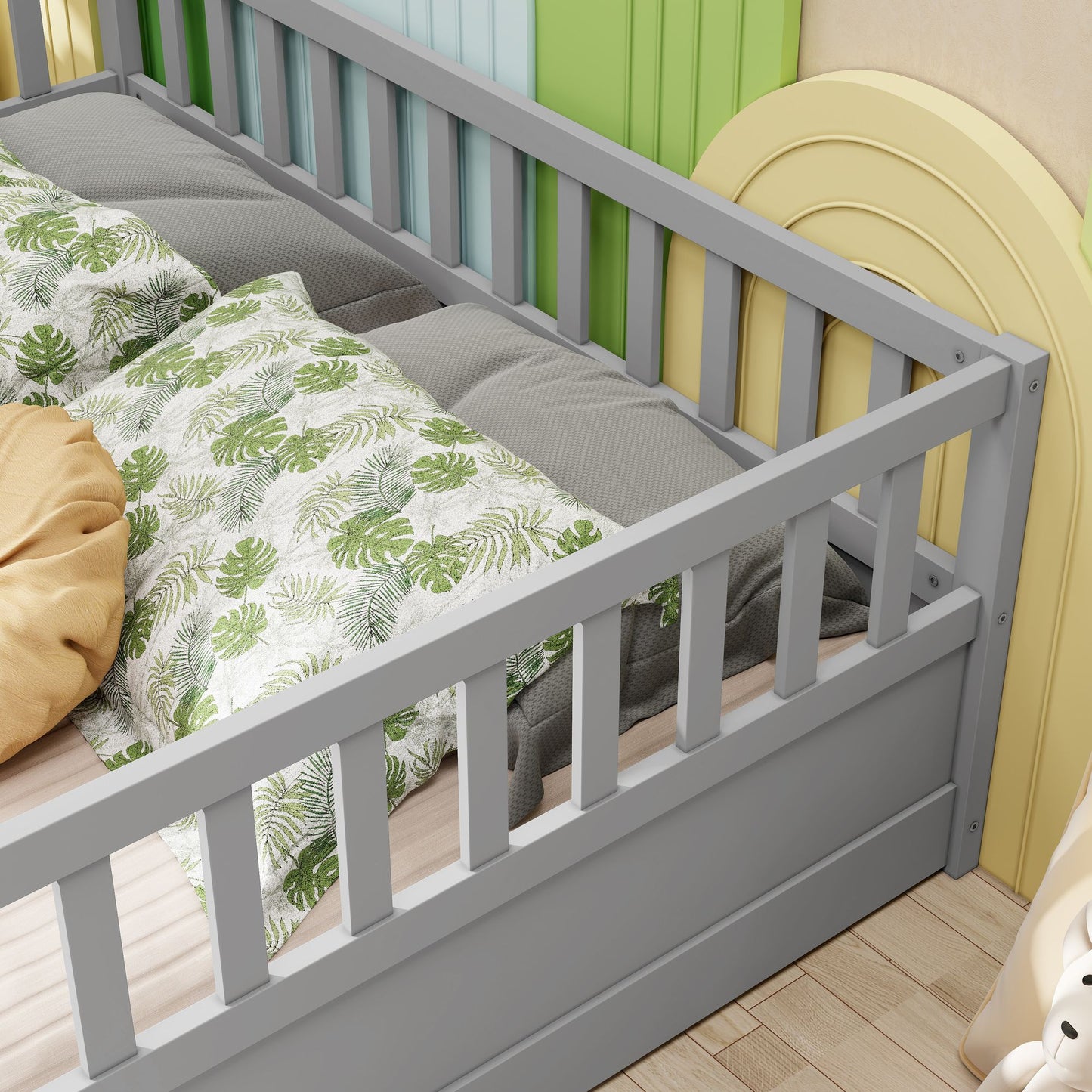 Full size Floor bed, integral construction with super high security barrier, door, children's floor bed frame, Montessor image 9