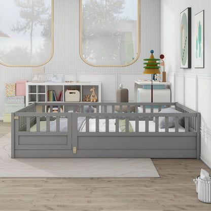 Full size Floor bed, integral construction with super high security barrier, door, children's floor bed frame, Montessor image 1