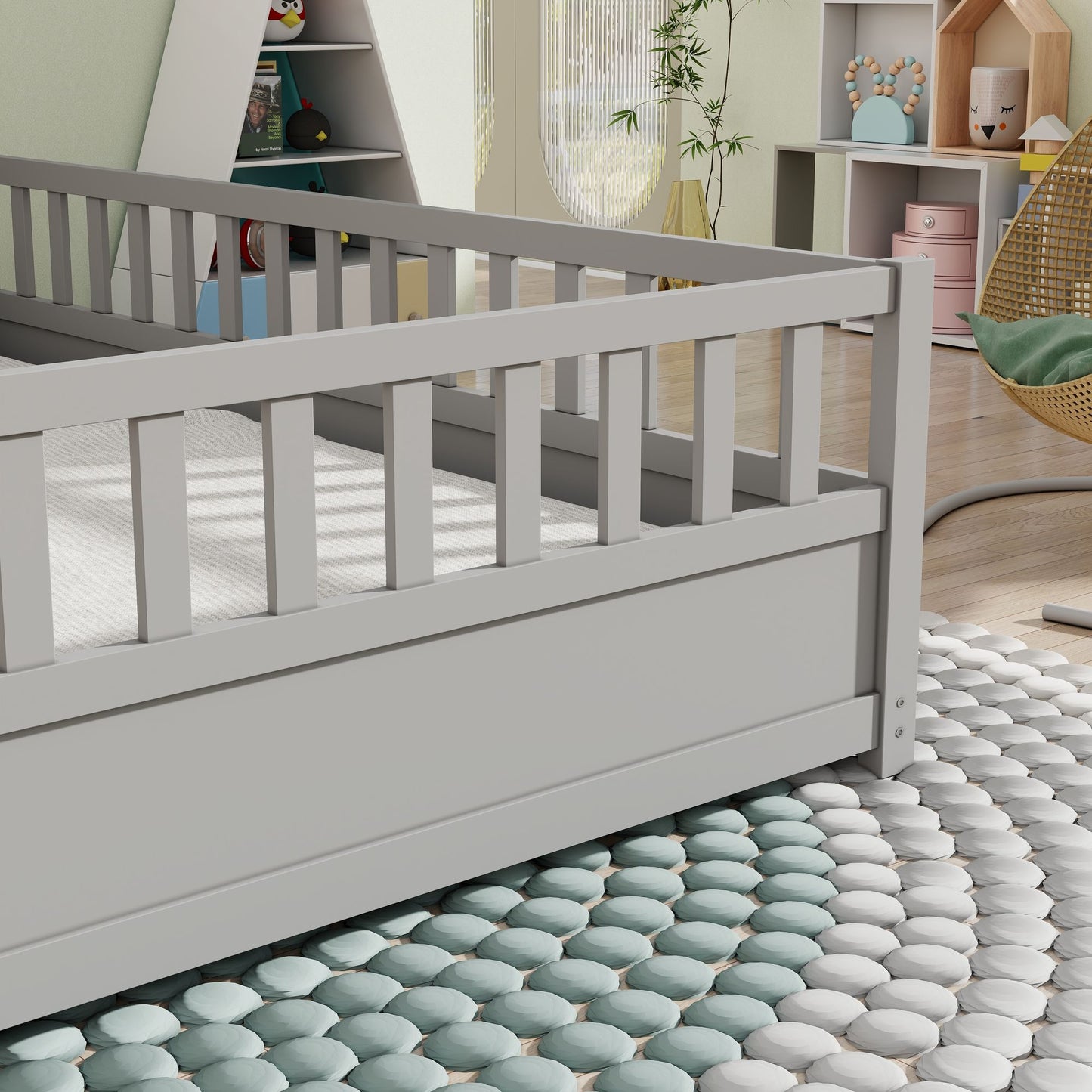 Full size Floor bed, integral construction with super high security barrier, door, children's floor bed frame, Montessor image 12