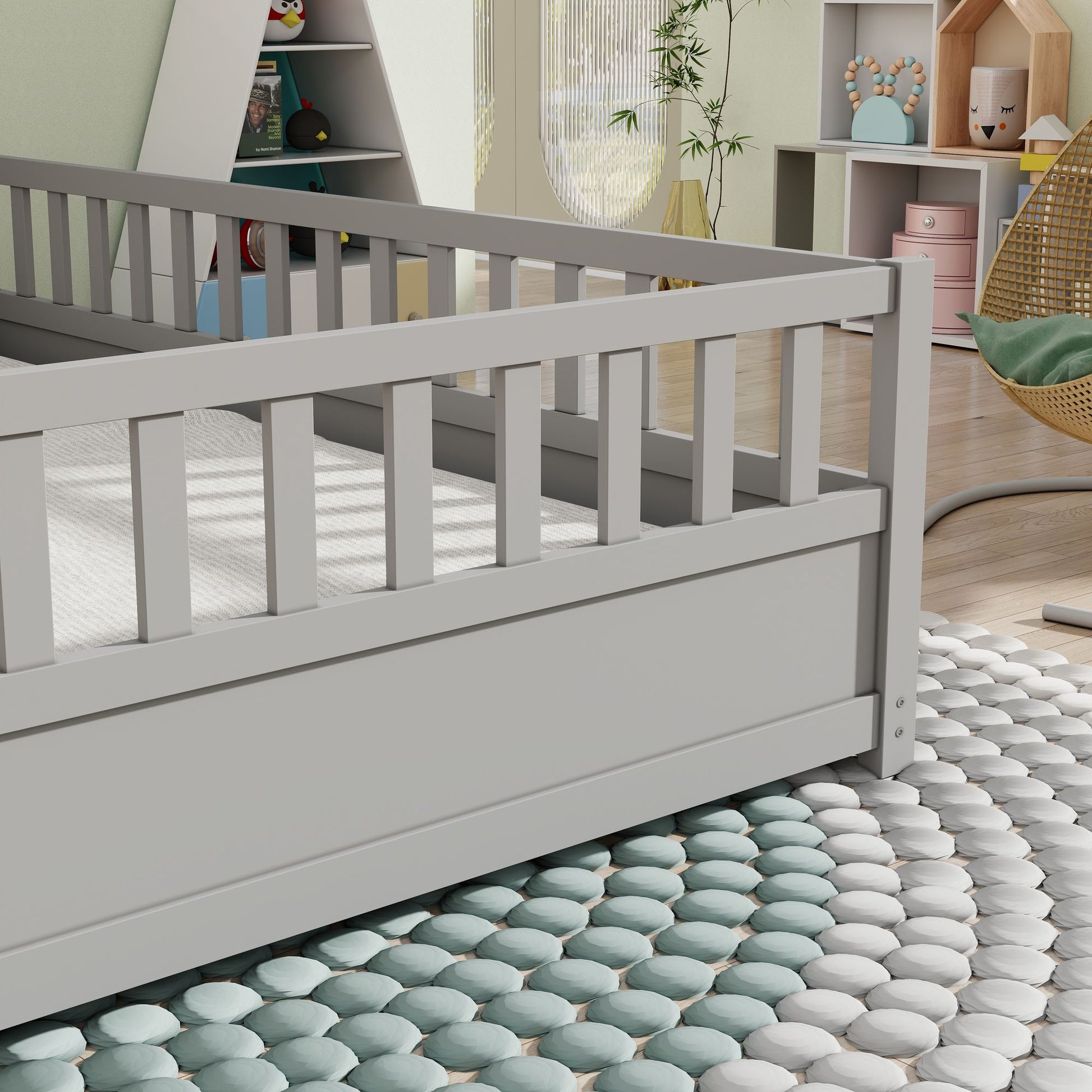Full size Floor bed, integral construction with super high security barrier, door, children's floor bed frame, Montessor image 12