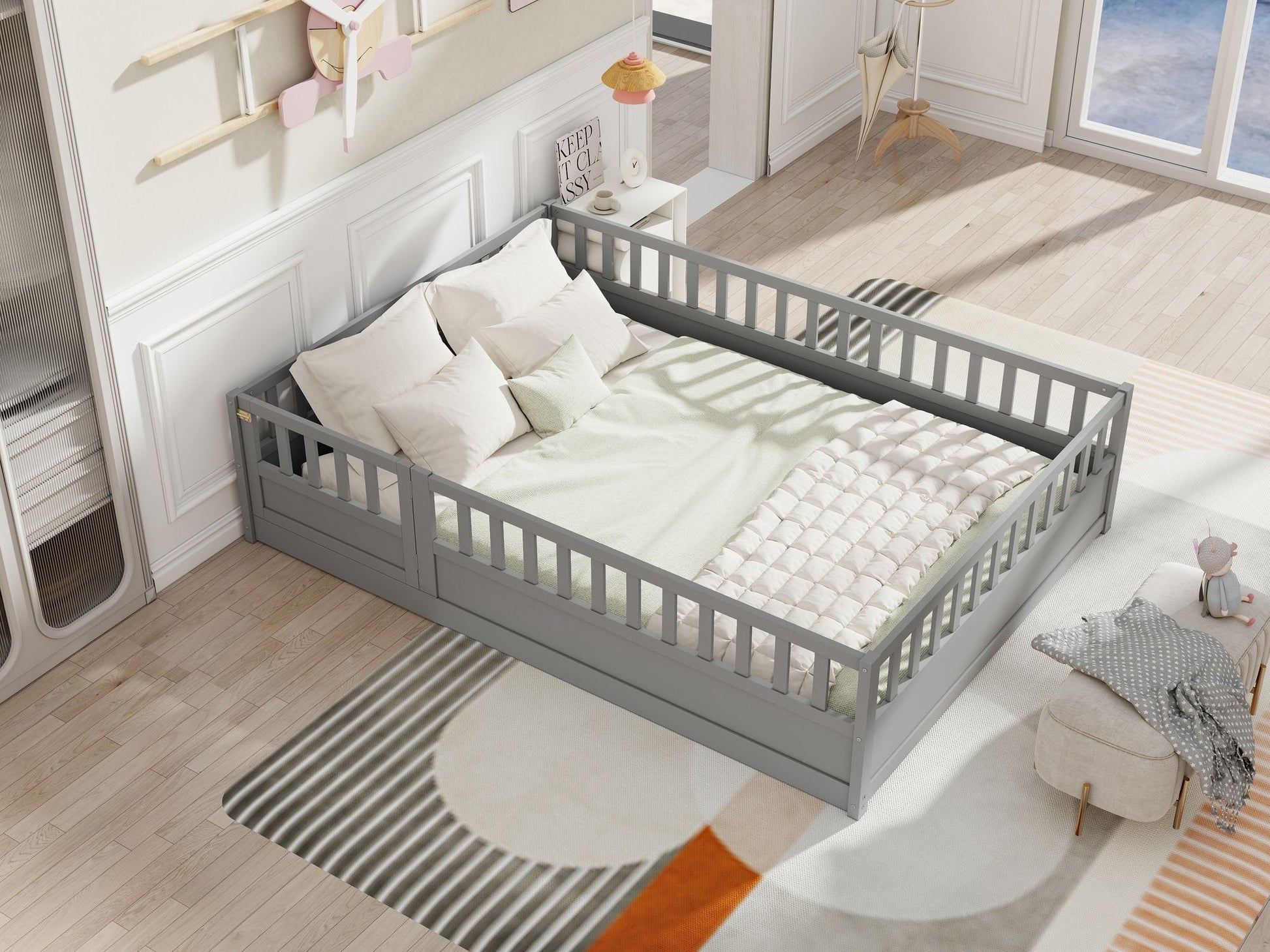 Full size Floor bed, integral construction with super high security barrier, door, children's floor bed frame, Montessor image 3