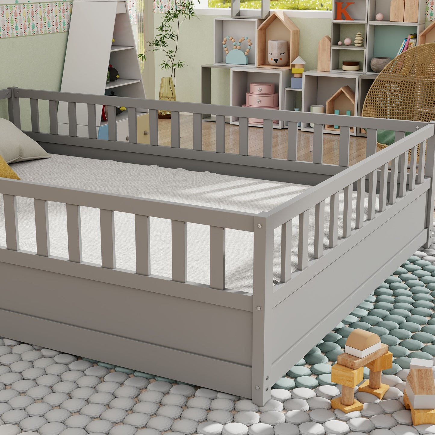 Full size Floor bed, integral construction with super high security barrier, door, children's floor bed frame, Montessor image 10