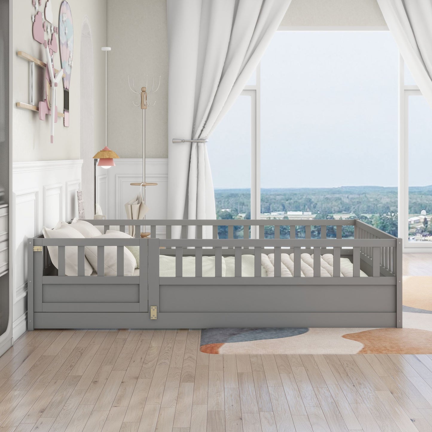 Full size Floor bed, integral construction with super high security barrier, door, children's floor bed frame, Montessor image 1