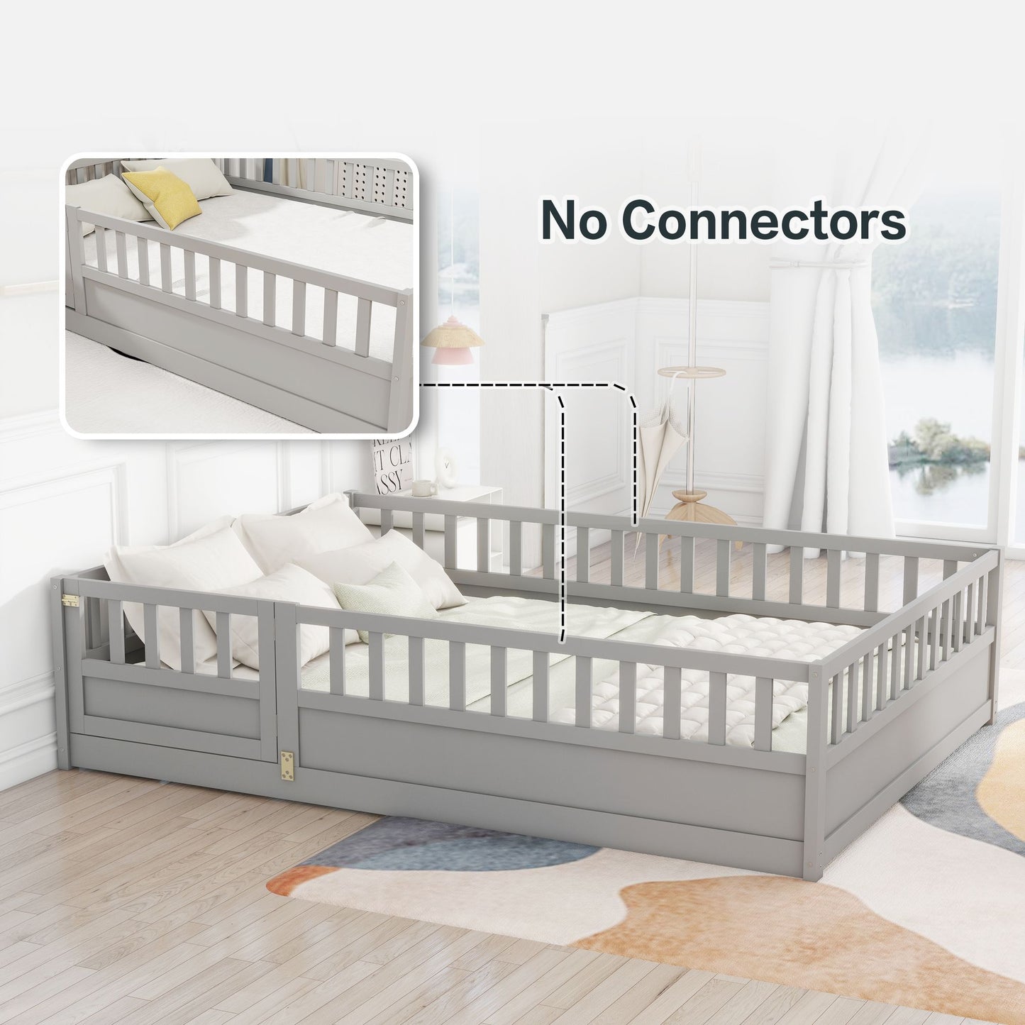 Full size Floor bed, integral construction with super high security barrier, door, children's floor bed frame, Montessor image 4