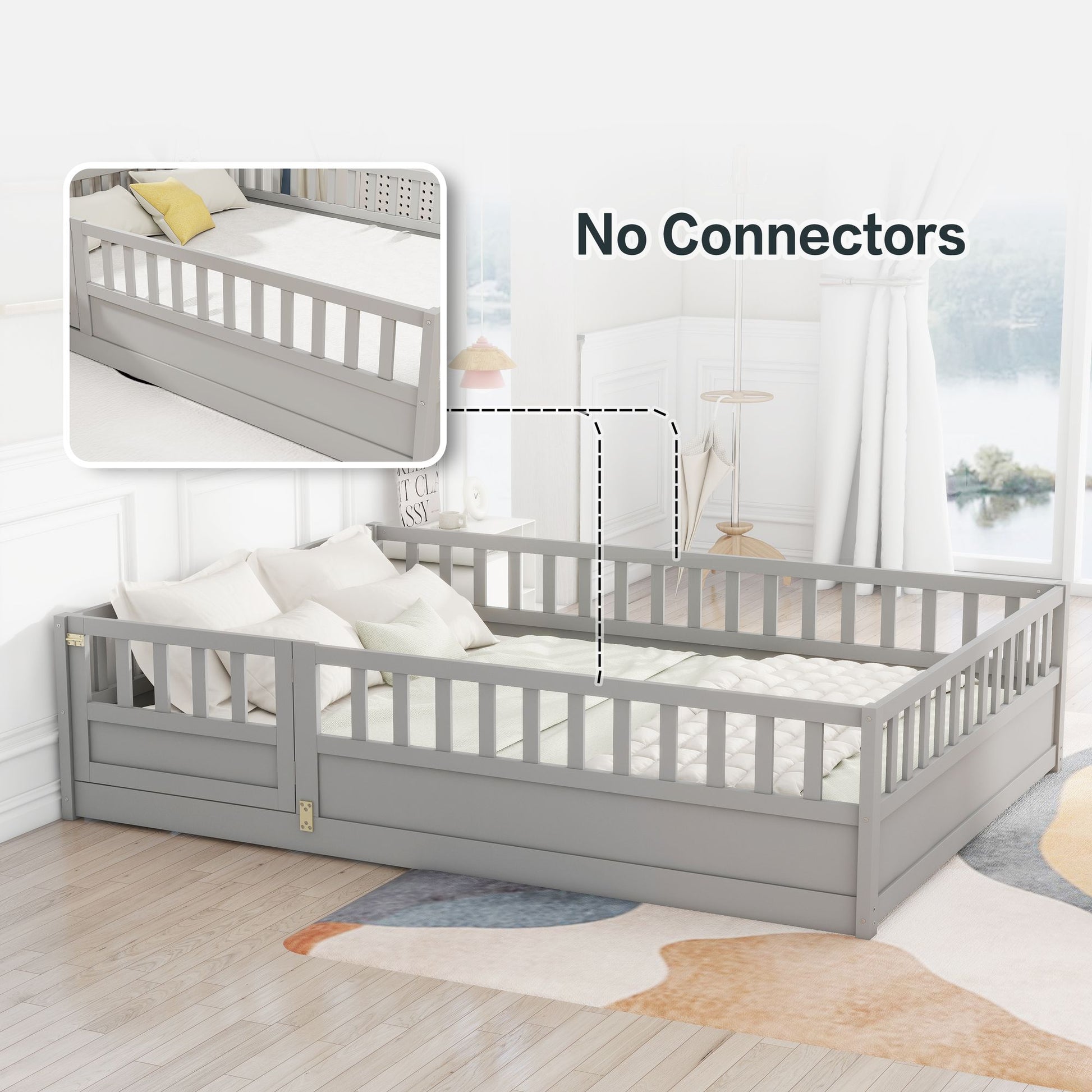 Full size Floor bed, integral construction with super high security barrier, door, children's floor bed frame, Montessor image 4