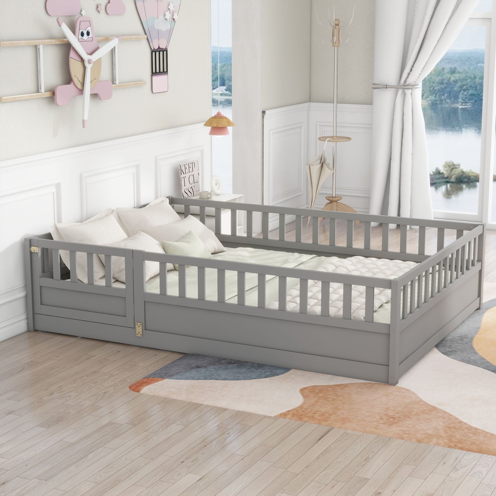 Full size Floor bed, integral construction with super high security barrier, door, children's floor bed frame, Montessor image 2