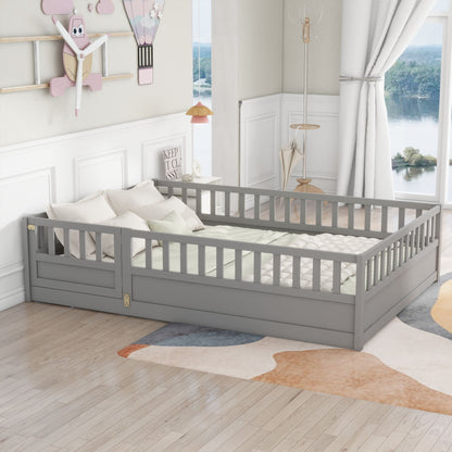 Full size Floor bed, integral construction with super high security barrier, door, children's floor bed frame, Montessor image 2