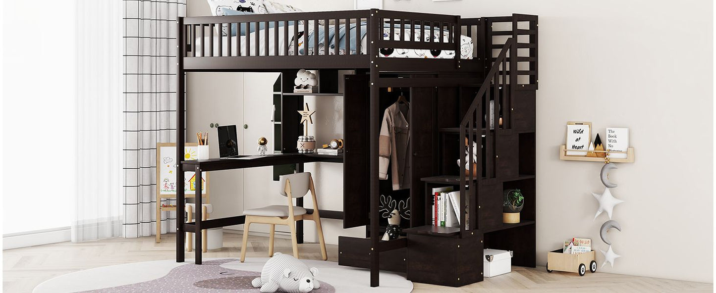 Full size Loft Bed with Bookshelf,Drawers,Desk,and Wardrobe-Espresso image 17