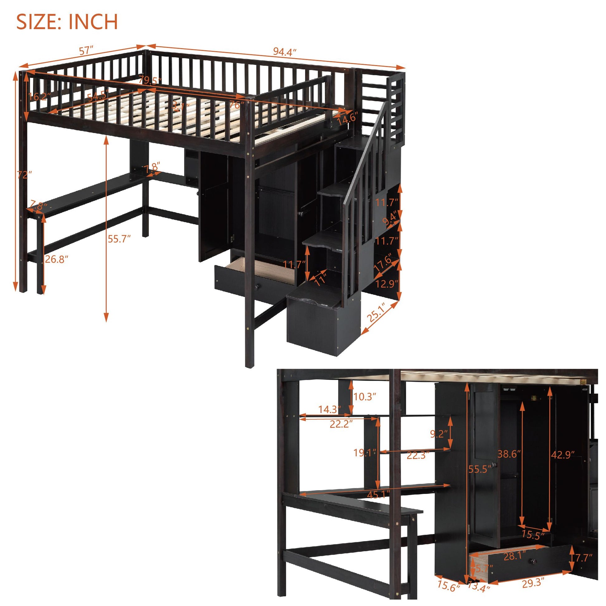 Full size Loft Bed with Bookshelf,Drawers,Desk,and Wardrobe-Espresso image 9