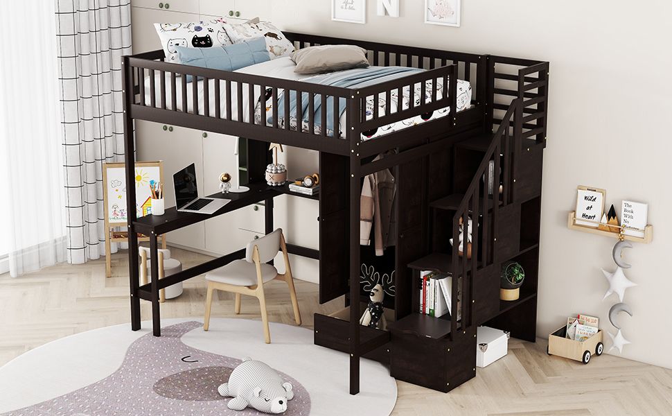 Full size Loft Bed with Bookshelf,Drawers,Desk,and Wardrobe-Espresso image 15
