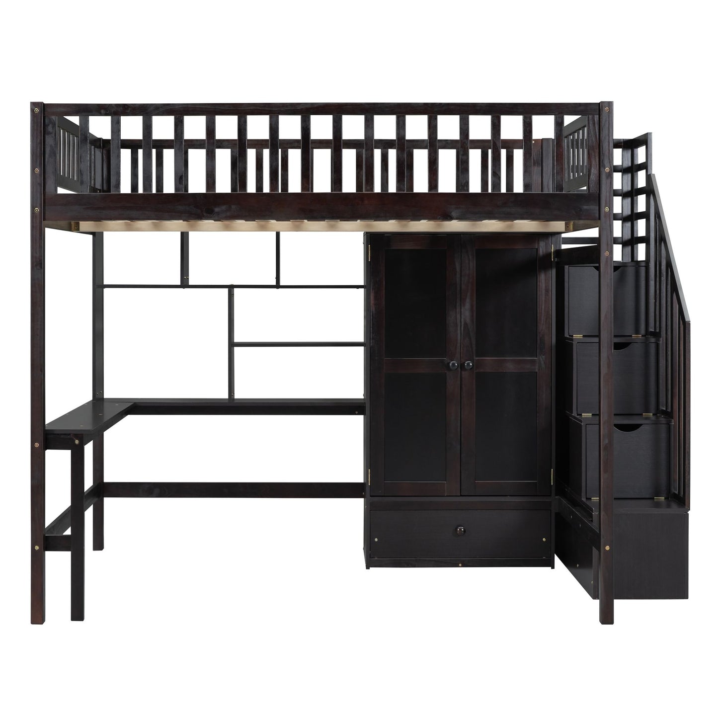 Full size Loft Bed with Bookshelf,Drawers,Desk,and Wardrobe-Espresso image 4