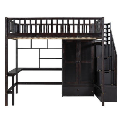 Full size Loft Bed with Bookshelf,Drawers,Desk,and Wardrobe-Espresso image 4