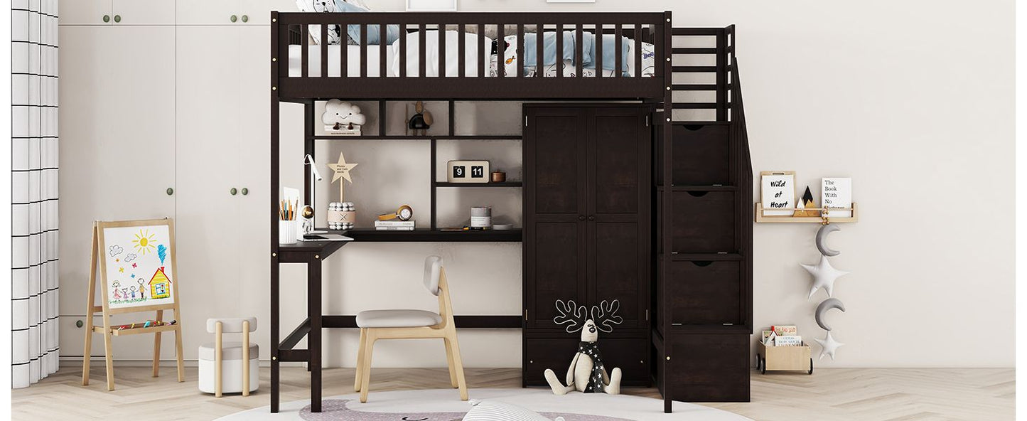 Full size Loft Bed with Bookshelf,Drawers,Desk,and Wardrobe-Espresso image 18