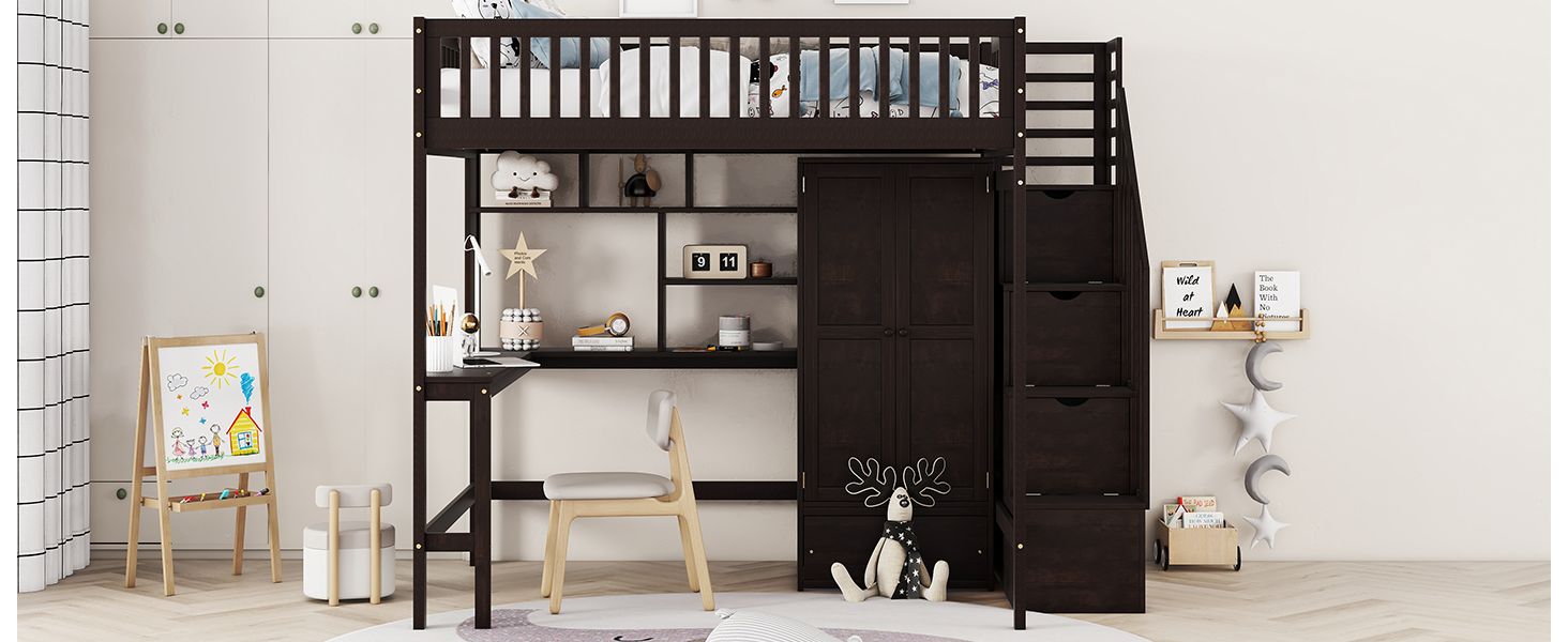 Full size Loft Bed with Bookshelf,Drawers,Desk,and Wardrobe-Espresso image 18