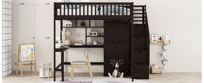 Full size Loft Bed with Bookshelf,Drawers,Desk,and Wardrobe-Espresso image 18