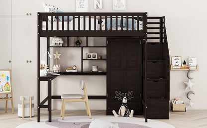 Full size Loft Bed with Bookshelf,Drawers,Desk,and Wardrobe-Espresso image 16