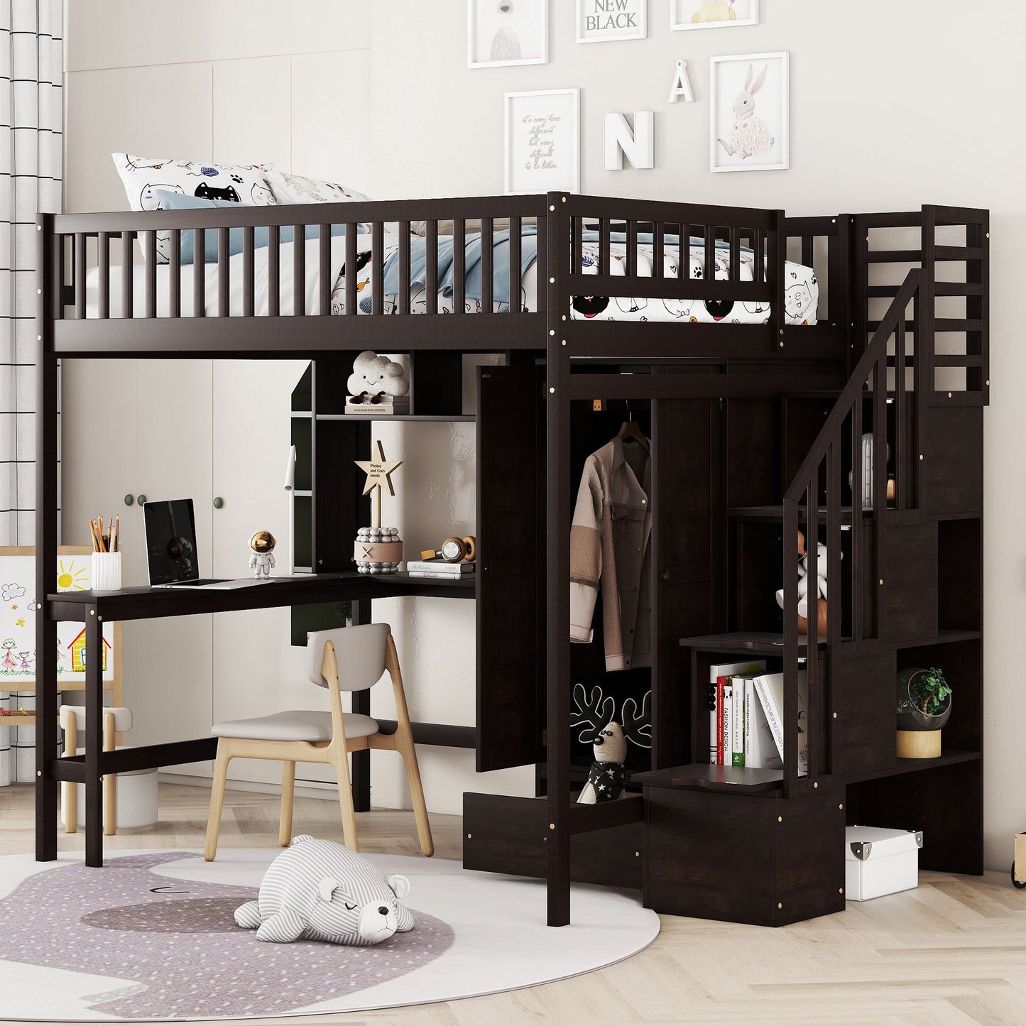 Full size Loft Bed with Bookshelf,Drawers,Desk,and Wardrobe-Espresso image 1