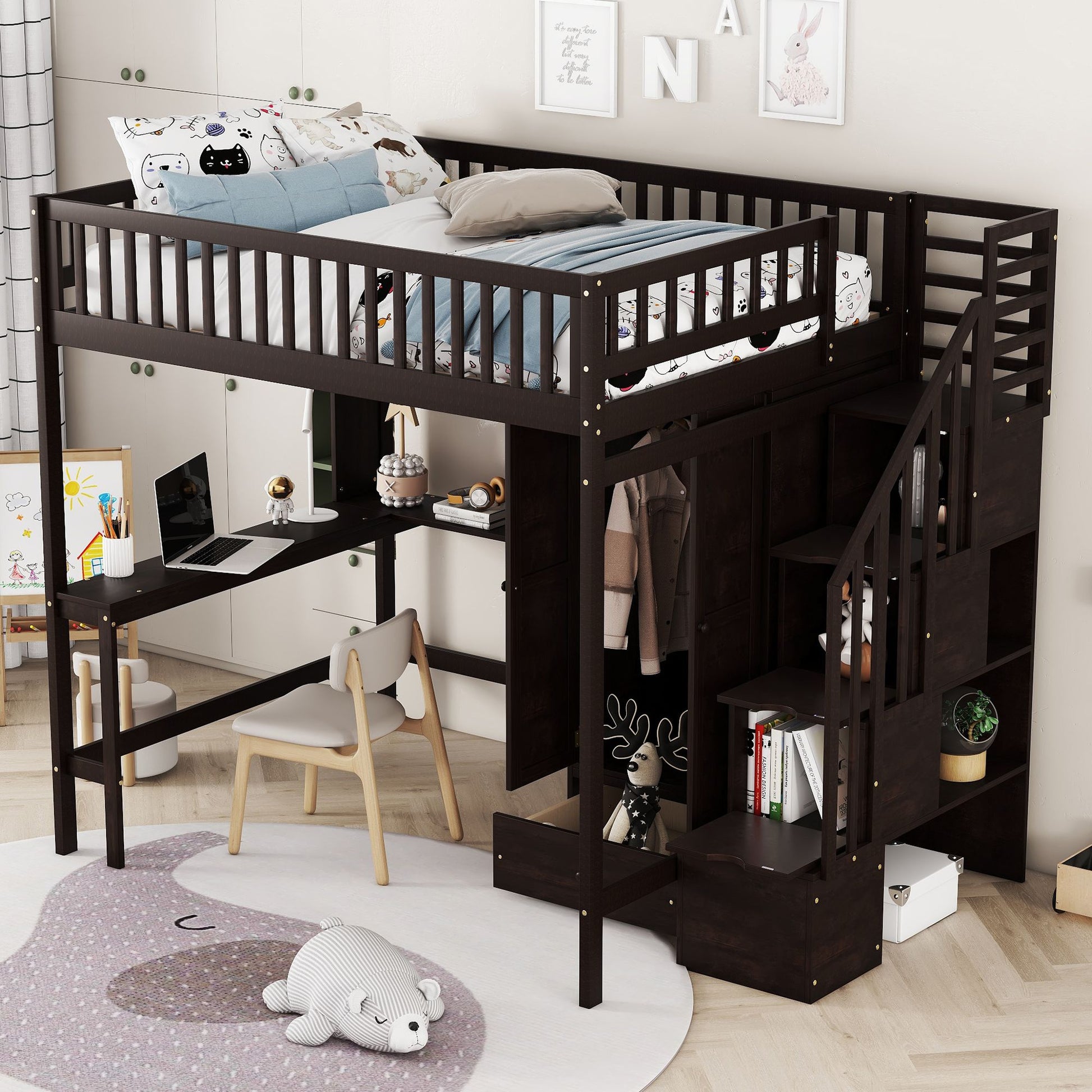 Full size Loft Bed with Bookshelf,Drawers,Desk,and Wardrobe-Espresso image 3
