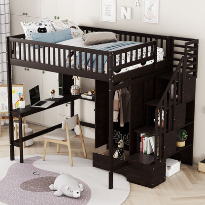 Full size Loft Bed with Bookshelf,Drawers,Desk,and Wardrobe-Espresso image 3