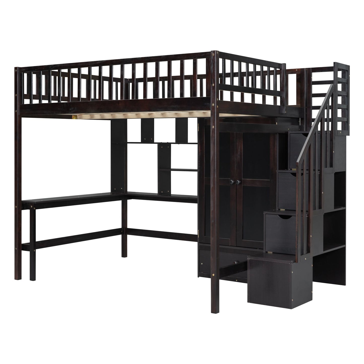Full size Loft Bed with Bookshelf,Drawers,Desk,and Wardrobe-Espresso image 7