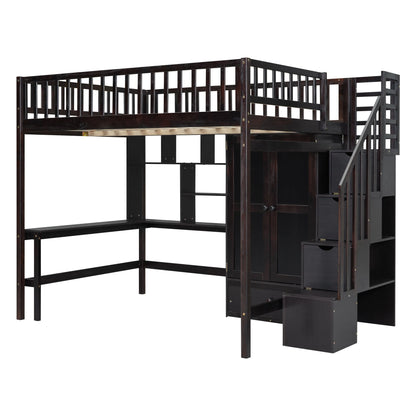 Full size Loft Bed with Bookshelf,Drawers,Desk,and Wardrobe-Espresso image 7
