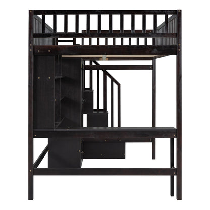 Full size Loft Bed with Bookshelf,Drawers,Desk,and Wardrobe-Espresso image 10