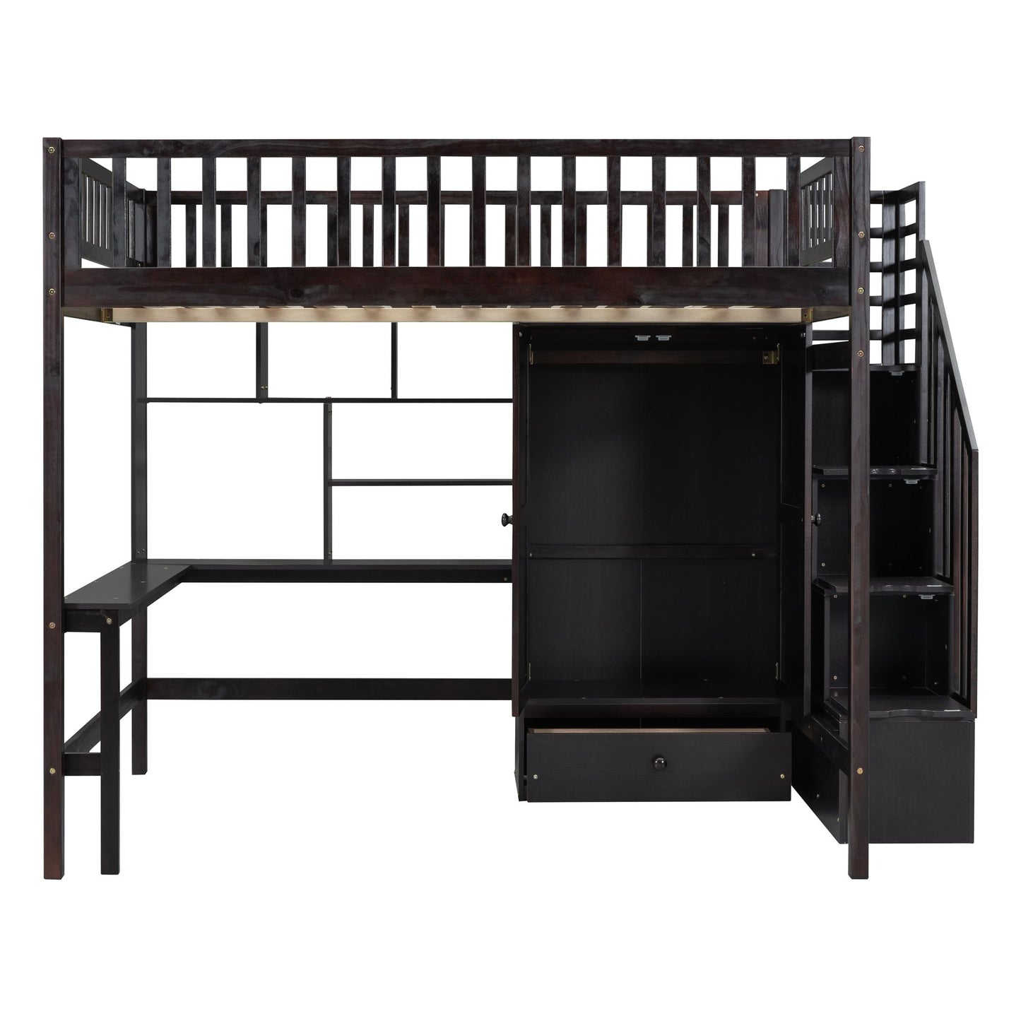 Full size Loft Bed with Bookshelf,Drawers,Desk,and Wardrobe-Espresso image 5