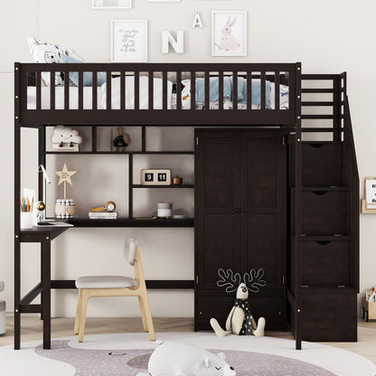 Full size Loft Bed with Bookshelf,Drawers,Desk,and Wardrobe-Espresso image 2