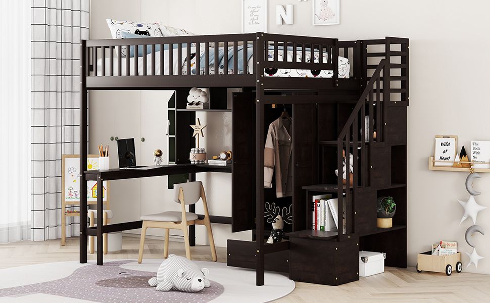 Full size Loft Bed with Bookshelf,Drawers,Desk,and Wardrobe-Espresso image 14
