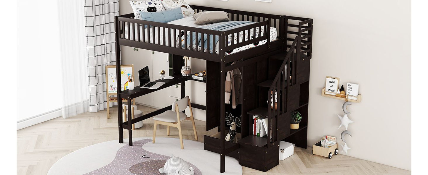 Full size Loft Bed with Bookshelf,Drawers,Desk,and Wardrobe-Espresso image 19