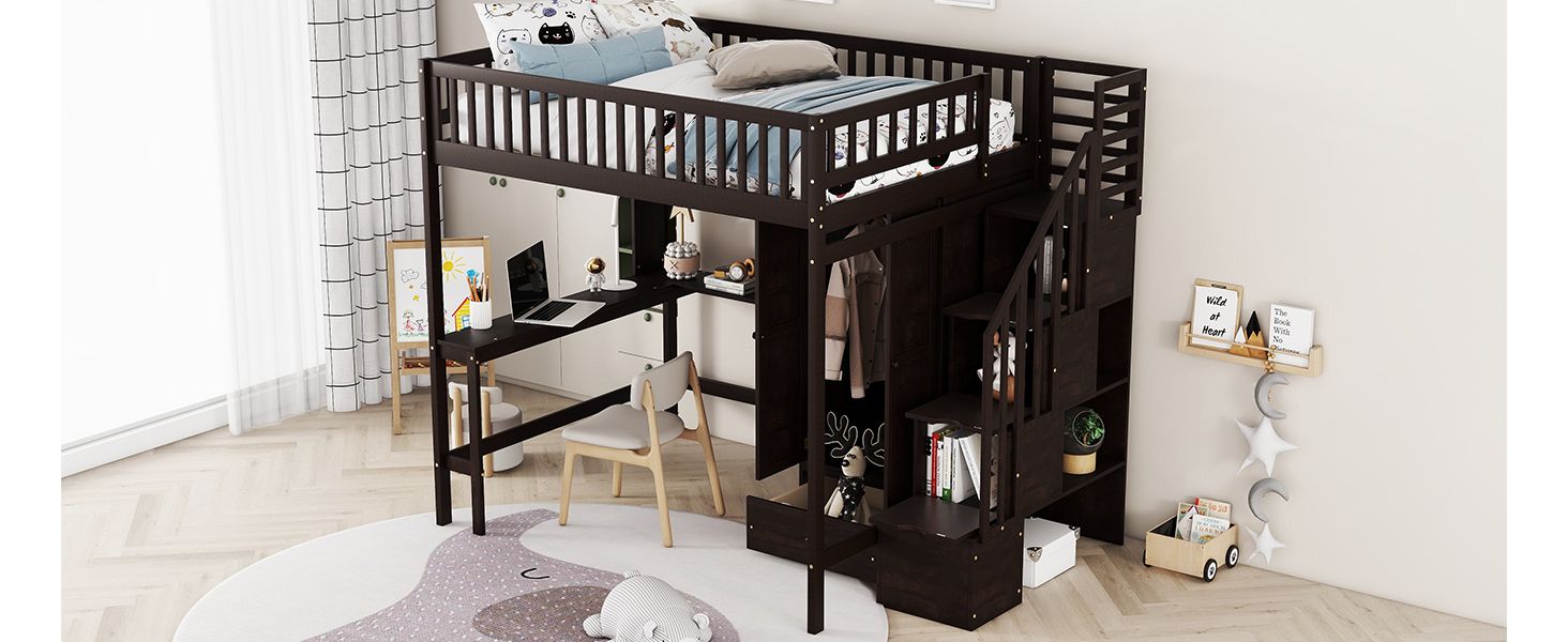 Full size Loft Bed with Bookshelf,Drawers,Desk,and Wardrobe-Espresso image 19