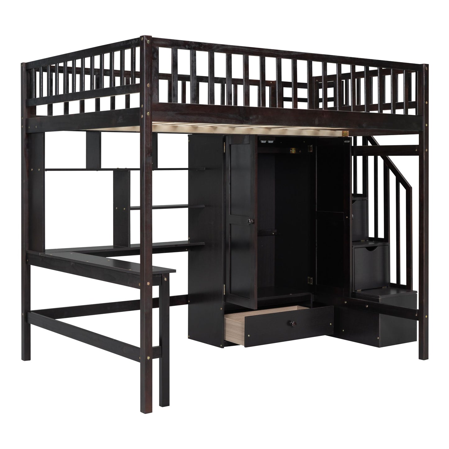Full size Loft Bed with Bookshelf,Drawers,Desk,and Wardrobe-Espresso image 6